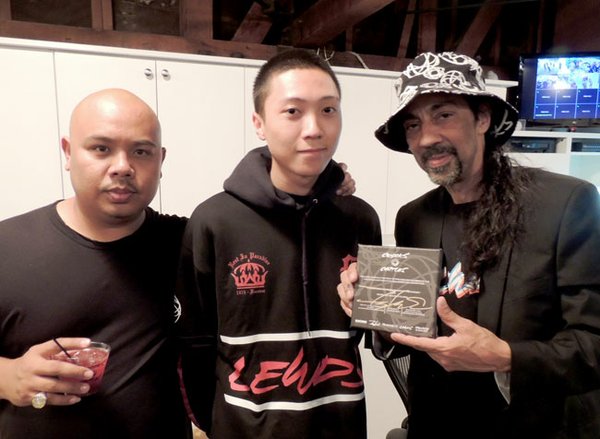 THE CREW: At the debut event for Lewds Collection, from left, Dennis Calvero, co-founder of Crooks & Castles, CJ “Siege” Natalio, son of the namesake of Lewds Collection, and Futura. Futura collaborated with Crooks & Castles on the capsule collection.