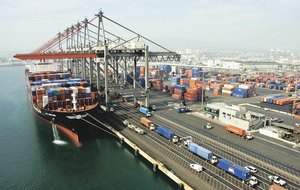 DOCKSIDE: A cargo container ship is berthed at the Port of Los Angeles.
