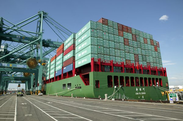 RISING TIDE: Bigger vessels such as this cargo-container ship are calling at the Port of Los Angeles and the Port of Long Beach, making it more difficult to unload cargo quickly.