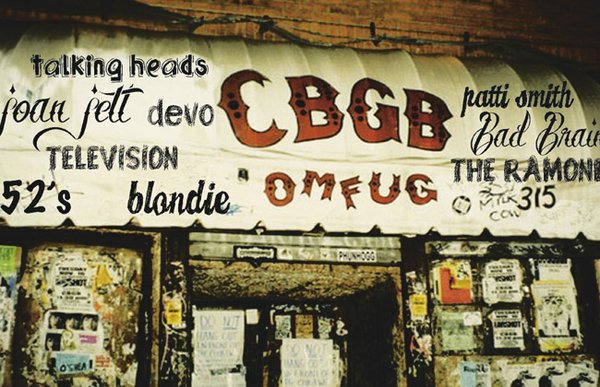 PUNK MERCH: The exterior of CBGB with logos of the club’s big acts on the awning. 