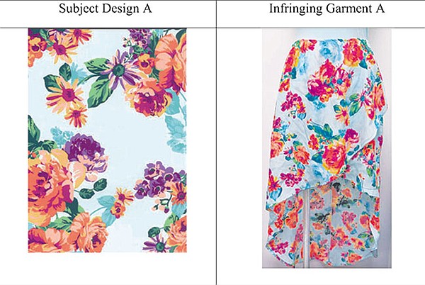 SIDE BY SIDE: Novelty Textile said its fabric design on the left was illegally copied and used in the skirt on the right, which was sold at The Wet Seal.
