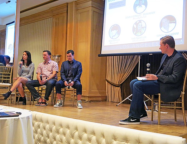 From left to right: Shauna Keller from Skullcandy; Daniel Neukkomm from O’Neill; Rob Heppler from Buscemi; and moderator Dennis O’Malley from ReadyPulse, a social ambassador marketing platform. 