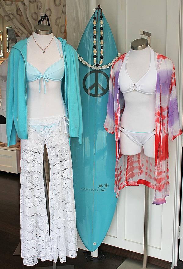Letarte Bikini top and bottom ($98 each), Letarte cashmere sweater ($378), Letarte Skull pants ($218), Amy Grace necklace ($158), Letarte multi-color open cardigan cover up ($288), white bathing suit top and bottom seperates ($98 each)
