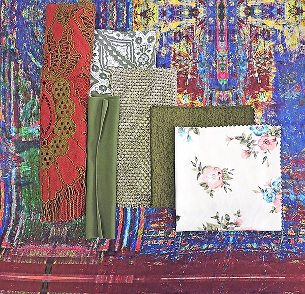 Pictured from left to right: Carmen Molina Silk #172-108BM4; D&N Textiles Inc. #6408; Pine Crest Fabrics #TTS450C16; Fabric Selection Inc. #SE50704 Rayon Crepon Print; Asher Fabric Concepts #TRI103 Triblend Spandex Sweater; Texollini #797JYD2; and Fabric Selection Inc. #SE61229 Brushed DTY Poly/Spandex