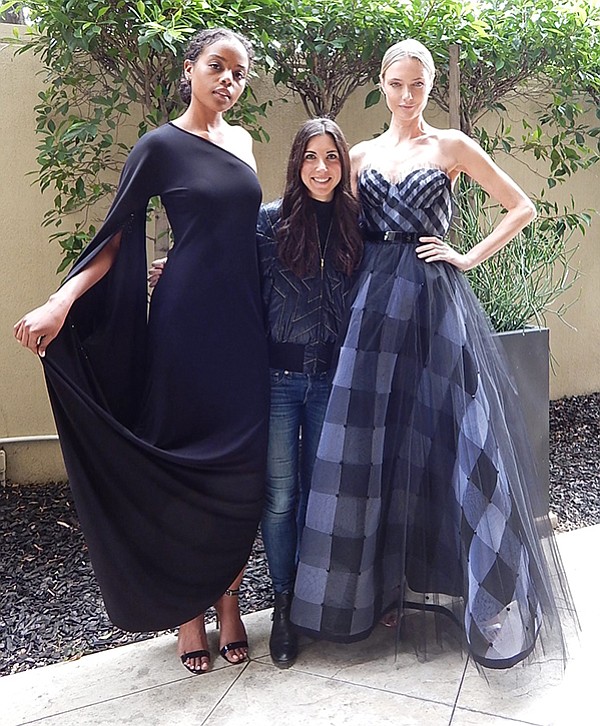 Katie Silverman (center) with Adrian designs Loop Gown (left) and the Gingham Horsehair Gown (right)