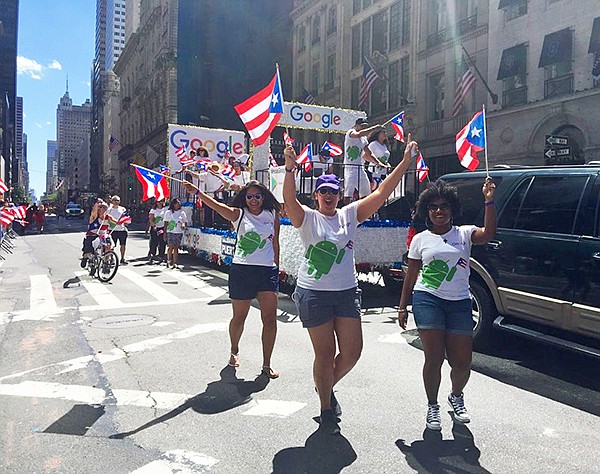HOLA, a Google employee group, wears T-shirts by Moses’s Shalimar Media Group at 2017 Puerto Rico Day Parade in New York City