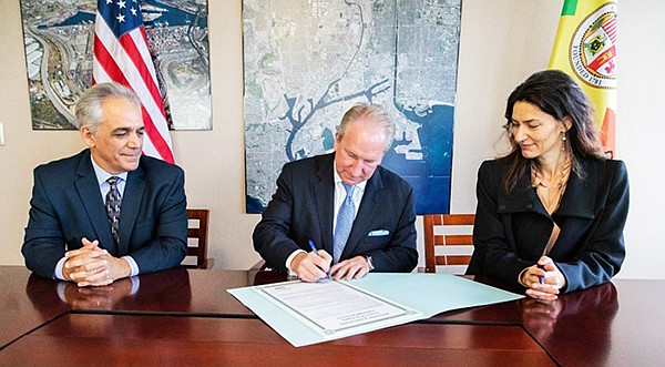 From left, Los Angeles Harbor Commissioner Anthony Pirozzi, Jr.; Port of Los Angeles Executive Director Gene Seroka and Chief Executive Officer of Copenhagen Malmo Port AB Barbara