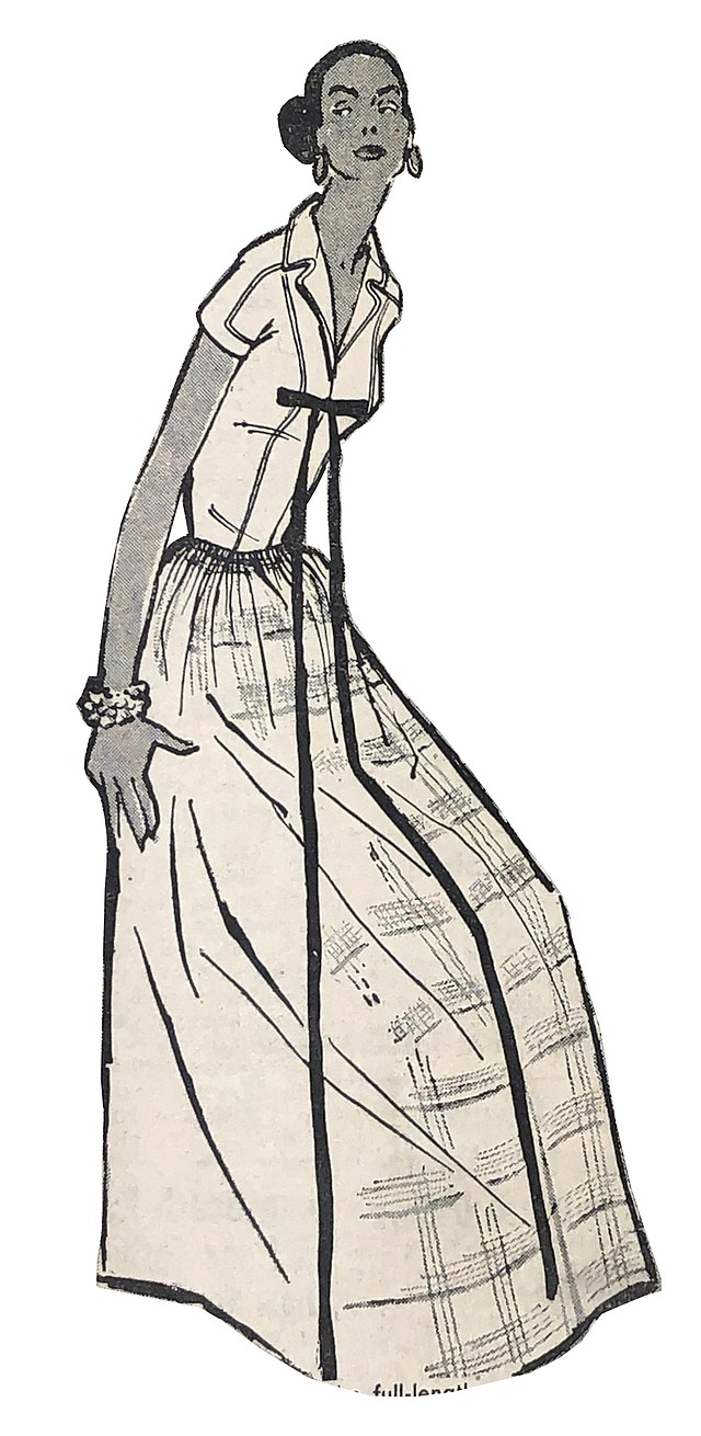 James Galanos prophesies the full-length patio dress for summer. The style shown here has a white linen bodice darted and seamed in the inimitable Galanos manner.