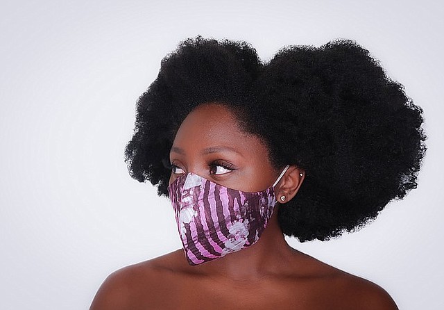 Model wears mask designed by Malena Ruth