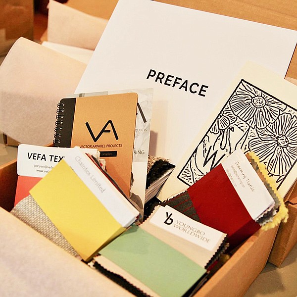 The Preface Show-in-a-Box includes textile samples, workshop supplies and gifting to afford a more-tactile experience for designers and brands in the fabric, yarn and sourcing virtual-events category.  | Photo courtesy of Preface Show