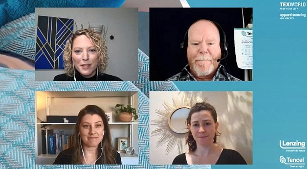 Virtual Texworld and Apparel Sourcing shows afforded opportunities for industry insiders to forge connections online and learn about pressing issues during panels such as “Addressing Climate Change From the Start,” (top left), which included—clockwise from top left—Kelly Drennan of Fashion Takes Action, Walter Bridgham of Lenzing Fibers, Diana Rosenberg of Gap Inc., Inc. and Ashley Gill of Textile Exchange.