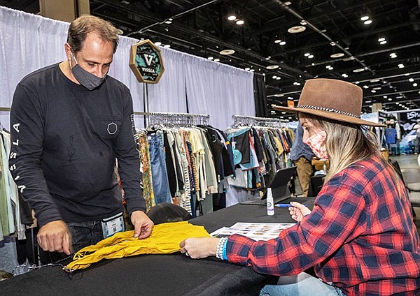 At the Vissla booth, strong categories included boardshorts, sofa-surfer walks, tees and long-sleeve wovens in addition to wet suits due to the rise in popularity of surfing, a naturally socially distanced sport.