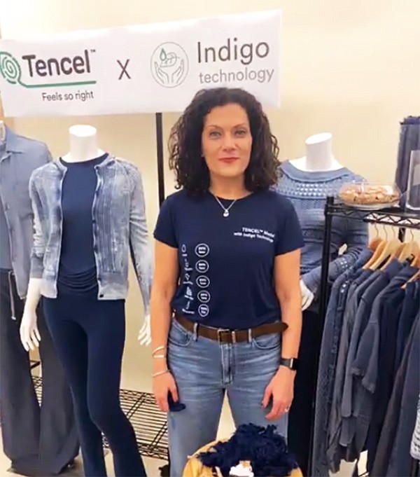 Tricia Carey, director of global business development for Lenzing, presented the fiber supplier’s Tencel Modal with Indigo Technology, which shifts the method of indigo treatments in denim making. | Photo courtesy of Kingpins24 Flash