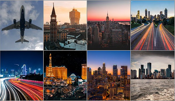 left to right, top to bottom: all unsplash.com, airplane—Lukas Souza; Milan—Matteo Raimondi; New York—Timo Wagner; Atlanta—Joey Kyber; Dallas—Gabriel Tovar; Las Vegas—Ameer Basheer; Los Angeles—Alonso Reyes; Miami—Reese Beaux