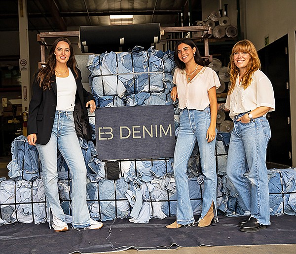 In celebration of its partnership with EB Denim, denim-development company SFI hosted an event to afford insight into how it adhered to its new partner’s sustainable mission when creating the Unraveled Two collection. Wearing pieces from the Uraveled Two collection, standing from left, EB Denim’s Elena Bonvicini and Simply Suzette’s Ani Wells join SFI’s Vice President of Design Alaina Miller in celebrating the collection’s launch. | Photo courtesy of SFI