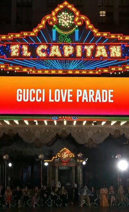Producing a fashion event named for the Love Parade collection, Gucci Creative Director Alessandro Michele took over a portion of Hollywood Boulevard, allowing models to begin strutting the catwalk exiting Grauman's Chinese Theatre and heading down the Walk of Fame, which served as the runway. 
Photo: Gucci