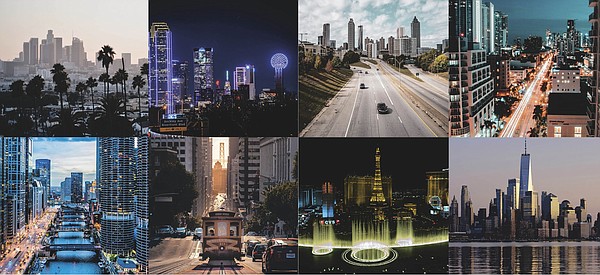 www.unsplash.com (top to bottom, left to right) Los Angeles—Joel Mott; Dallas—Gabriel Tovar; Atlanta—Ronny Sison; Miami—Roland Denes; Chicago—Tobias Brunner; SAN FRANCISCO— amogh manjunath; Las Vegas— Nick-Fewings; New York—Julien Maculan