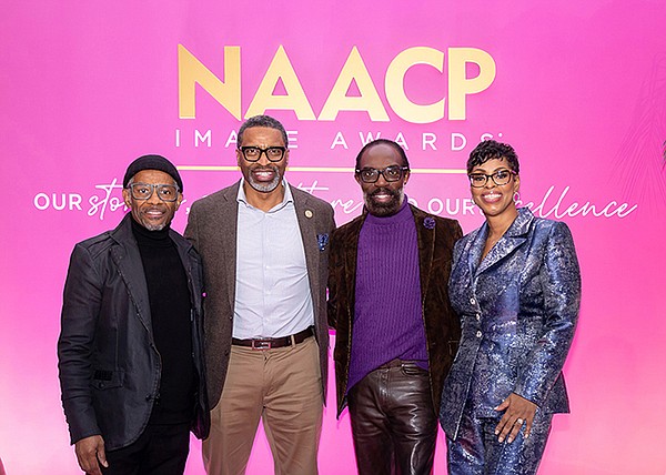 From left, Cross Colours and Black Design Collective co-founder TJ Walker; NAACP President, Derreck Johnson; designer and BDC President and co-founder Kevan Hall; and Vice Chair of the NAACP National Board of Directors Karen Boykin-Towns attended the 54th NAACP Image Awards.