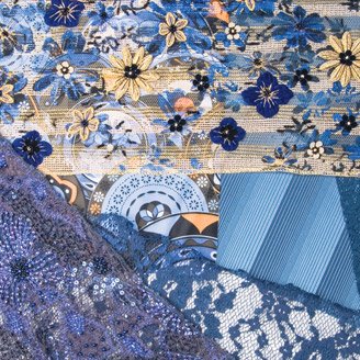 Clockwise from top left: Embelliss #SO3S05/D2047, D. Zinman Textile Ltd. #5973/6096, Nipkow & Kobelt Scroll Lace, Malibu Textiles #2351, Embelliss #SO3F05/D2322 and Avid Ink #15196 Code Geometric