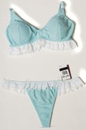 DONNA L'OREN's textured cotton "LaLa" bra ($11.50) and thong ($11.50) in aqua with shite eyelet ruffles