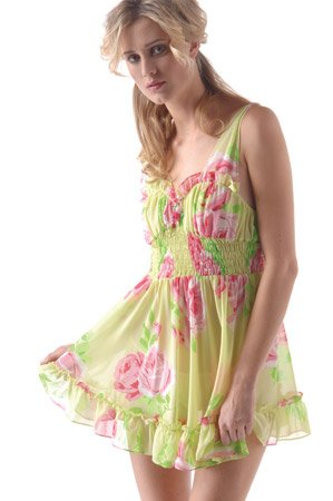 BETSEY JOHNSON INTIMATES' polyester chiffon coquette smocked baby doll ($30.75) in "Marilyn Monrose Sprite"