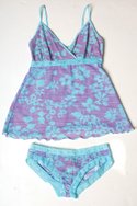 UNDERGLAM'S nylong/spandex Hawaiin-print cami ($25) and fanny-shaper panty ($15) in aqua and lavendar