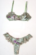 YING LI's sage hand-painted silk "Garden Butterfly" bra ($40) and panty ($25) with French lace