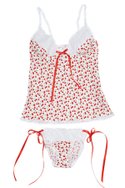 UNDIEMOONs cherry-print Daisy Duke cotton camisole and side-tie thong (call for pricing).