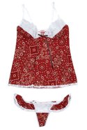 UNDIEMOONs red bandana-print Daisy Duke cotton camisole and ruffled G-string (call for pricing).