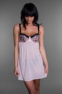 FLEUR T ENGLANDs silk georgette Je Ne Sais Quoi cupped baby doll in porcelain and silk hipster thong in Noir (call for pricing). 