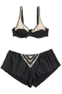 CARRIE AMBER COLLECTIONs polyester satin/spandex black/ivory Amore bra ($5) and tap short with lace inset ($5).