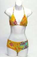 MOONSPLASHs nylon/spandex Pink Hawaii triangle top ($21) and swim short ($23) in golden sun.