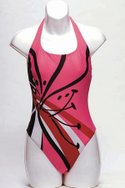 GOTTEXs pink microfiber nylon/Lycra Frangipani abstract-floral round-neck halter one-piece with soft cups ($73).