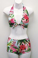 HOT KISS polyester/spandex Flamingo Road retro-conversational-tropical-print, tie-front halter and retro short ($38).