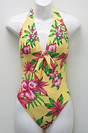 BEACH BAY by EXCELSIORs yellow floral nylon/Lycra South Pacific halter one-piece ($32).