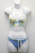 DAFFYs periwinkle Pop Rock Dot soft-cup banded halter ($22) and belted surf pant ($20).