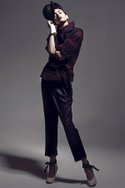 BB DAKOTA's wool-blend "Stanwyck" jacket ($46). SEVEN FOR ALL MANKIND's onyx stretch suiting "Slouchy Trouser" ($81). VICTOR OSBORNE's Panama straw "Bowler" hat ($125). CORSO COMO's bone leather "Dodie" wedge heels ($78).