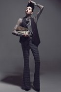 GEORGIE's "Irina" silk chiffon printed blouse ($89), "Laura" menswear shadow-stripe gray vest ($95) and "Ashley" chevron ponte pant ($85). BEIJO's "The Envelope Please" clutch ($34). CORSO COMO's patent-leather "Pam" heels ($75).