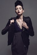 SINGLE DRESS' purple and gray fitted bra dress with necklace ($106). EVER's black Italian lambskin "Langdale" motorcycle jacket ($365).