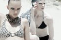 Left: ELIZABETH HURLEY BEACHs cheetah polyamide/Lycra June bikini top. NOIRs gold chunky scales choker.  Right: BEACH BUNNY SWIMWEARs polyamide/elastane Irina Shayk fixed triangle top with cobra-print trim. EUFEMIAs black Eva jersey skirt. LUC KIEFFERs black resin ring. Stylists own scarf.