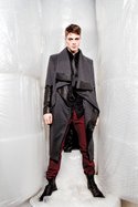 SKINGRAFT.“Funnel Neck Wool.Coat” and “Collar.Shirt with Leather.Sleeves” (prices.upon request)..MADISONPARK.COLLECTIVE “Miles”.straight-leg jean in.“Merlot” ($90).