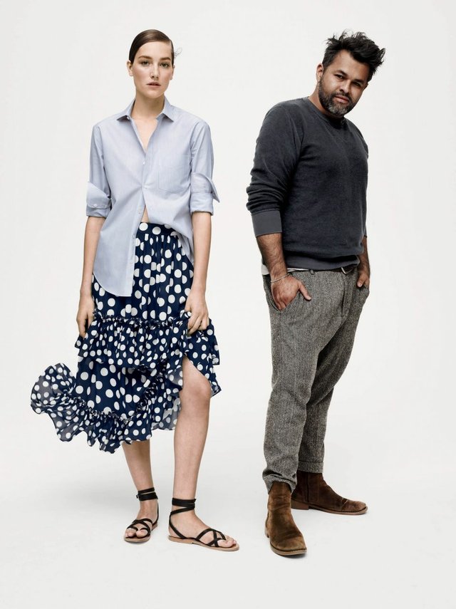 Juan Carlos Obando, right, with a model wearing a look from his J. Crew collab. Image courtesy of J.Crew.