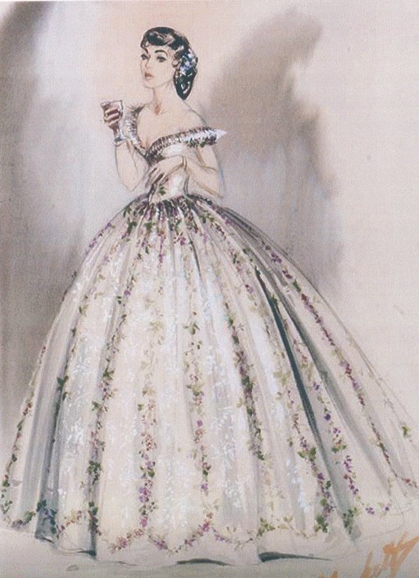 An illustration of Walter Plunkett’s design for Elizabeth Taylor in MGM’s 1957 film “Raintree County”