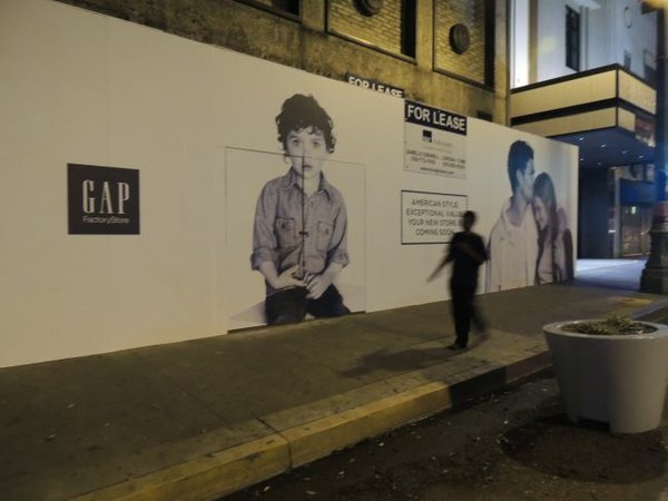 Barricade for a new Gap boutique on the 700 South block of Broadway in downtown Los Angeles.