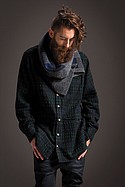 THING THING “Crony” shirt ($51) and “Fake Jean” ($51). WOOLRICH pattern rich scarf ($38).