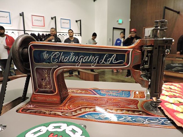 Chain Gang L.A.'s chain-stitch sewing machine on display at Crooks & Castles. The two outfits debuted a collaboration Crooks & Castles X Chain Stitch L.A. on March 20.