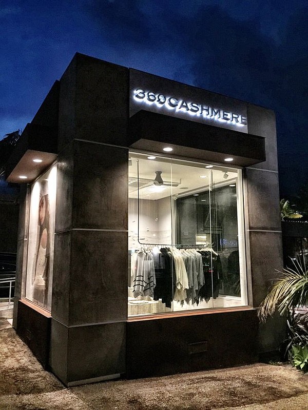360Cashmere's first boutique...at night. Photo courtesy of 360Cashmere.