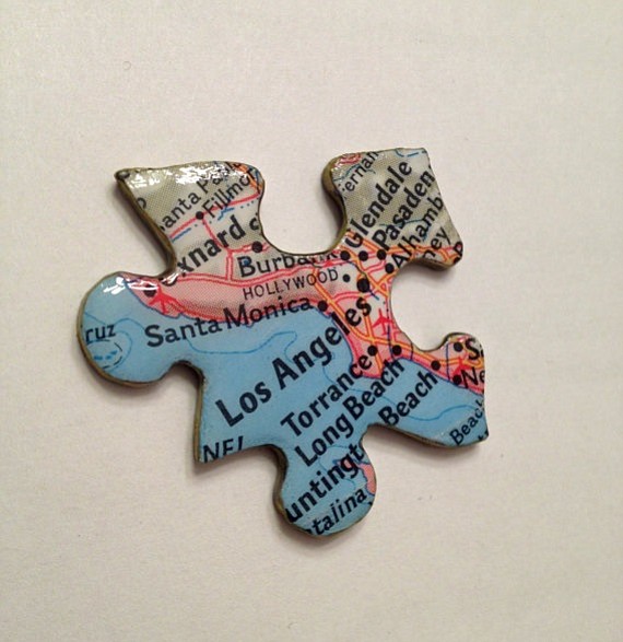 Like this LA jigsaw piece? You can get it as a pin or a magnet or a clip or a pendant at Places Pieces on Etsy.  