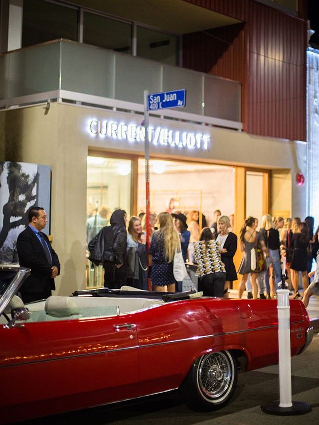 Exterior of Current/Elliott boutique in Venice. In foreground, a vintage Mustang used to transport party guests from the boutique to a dinner celebrating the store's debut. Photo courtesy of Current/Elliott.