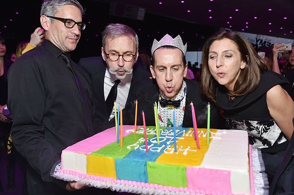 From left, Jean Cassegrain of Longchamp, Jeremy Scott and Sophie Delafontaine of Longchamp. Photo by Stephanie Keenan/Getty Images for Longchamp.